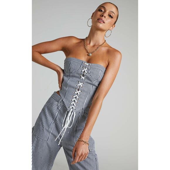 Lioness East Gate Blue Pinstripe Strapless Lace Up Corset Bustier Top Size XS - Picture 3 of 5